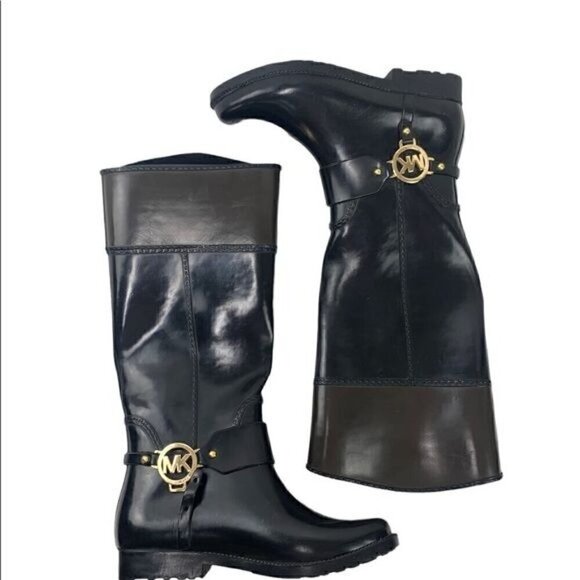Michael Kors Fulton Harness Glossy Rubber Boots w/Gold Logo Black/Brown, Size 6 - Picture 2 of 11